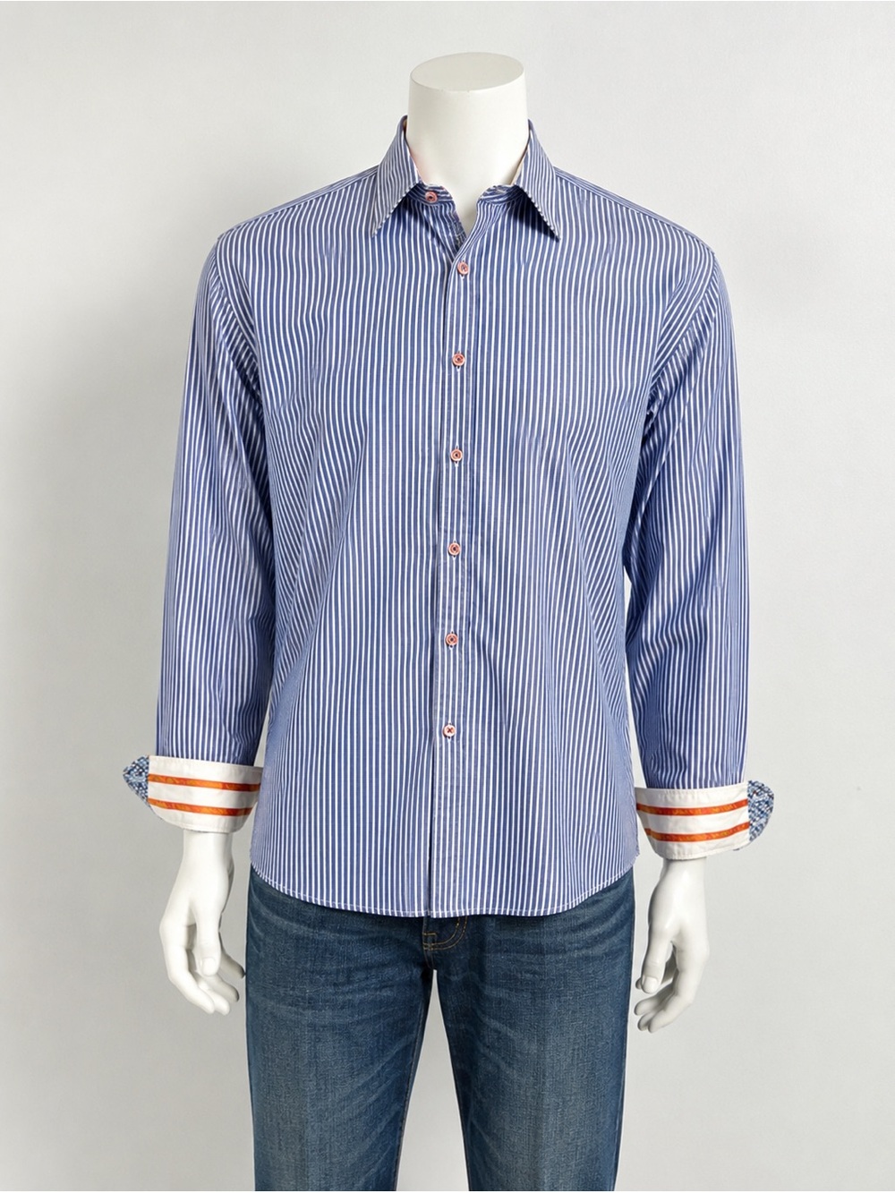 Robert Graham XL Blue White Stripe Flip Cuff Button Front Shirt Tailored Cotton